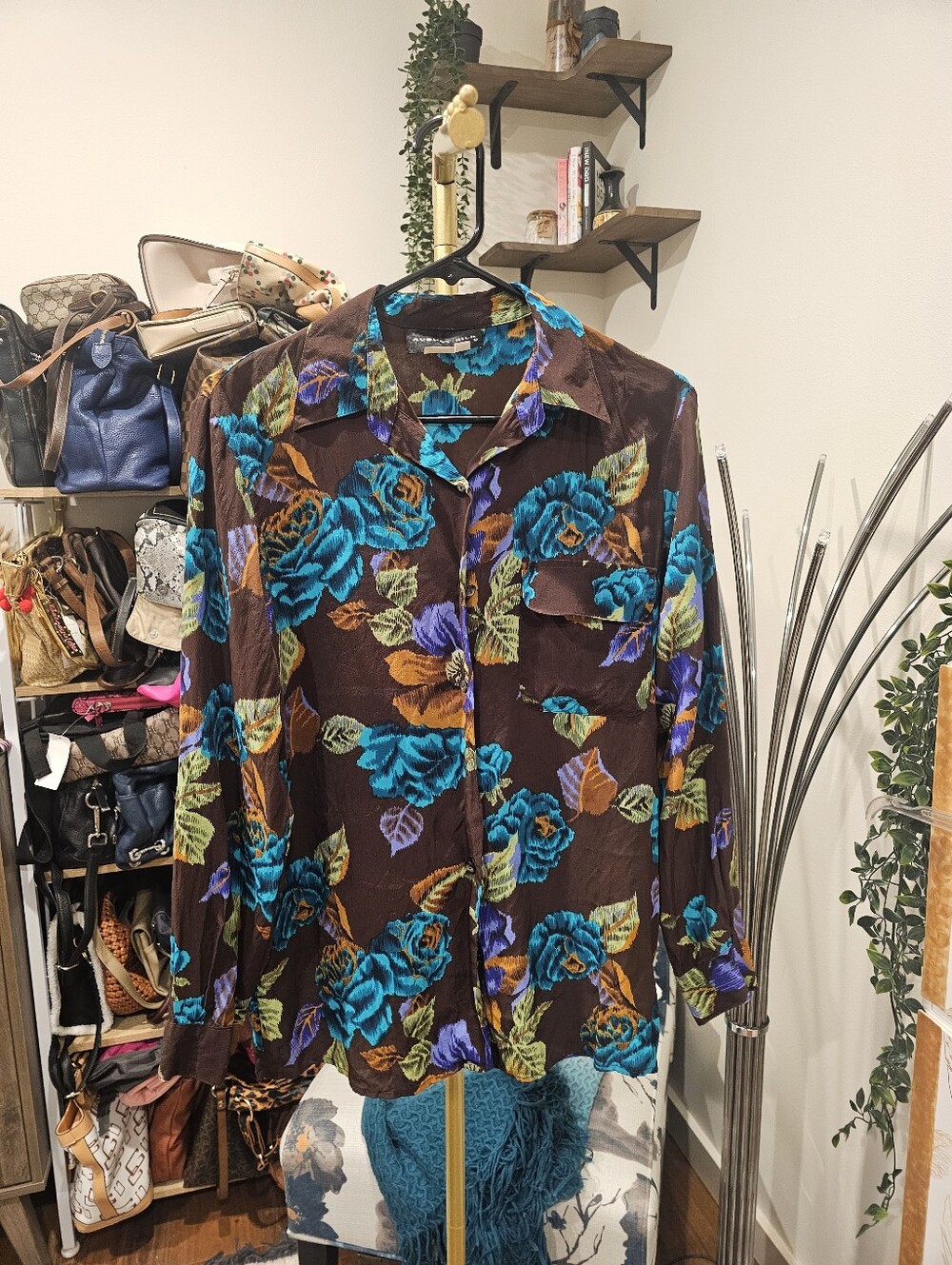 Vintage August Silk Floral Silk Blouse in Brown & Teal